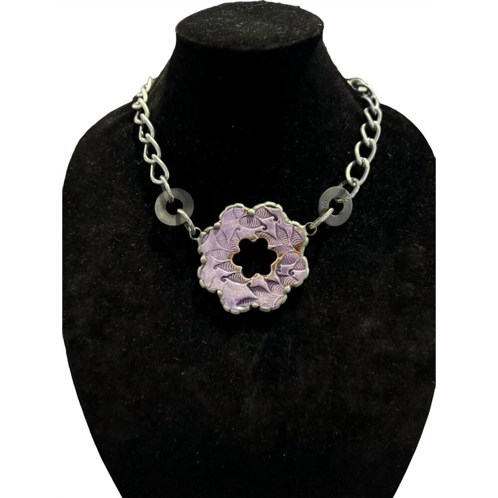 NEW ART BY AMY LABBE printed flower necklace in silver/purple